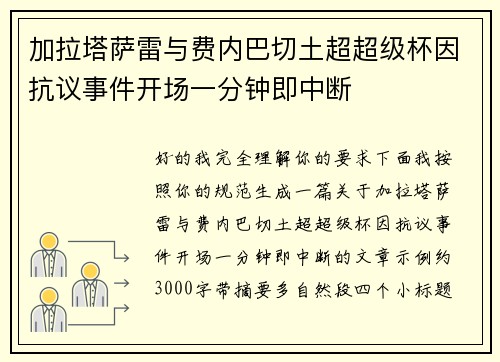 加拉塔萨雷与费内巴切土超超级杯因抗议事件开场一分钟即中断