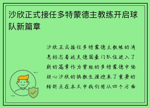 沙欣正式接任多特蒙德主教练开启球队新篇章